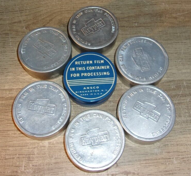 Vintage Lot of 7 Metal 8mm Film Tins Canisters (some with film) Kryptar Ansco 2″