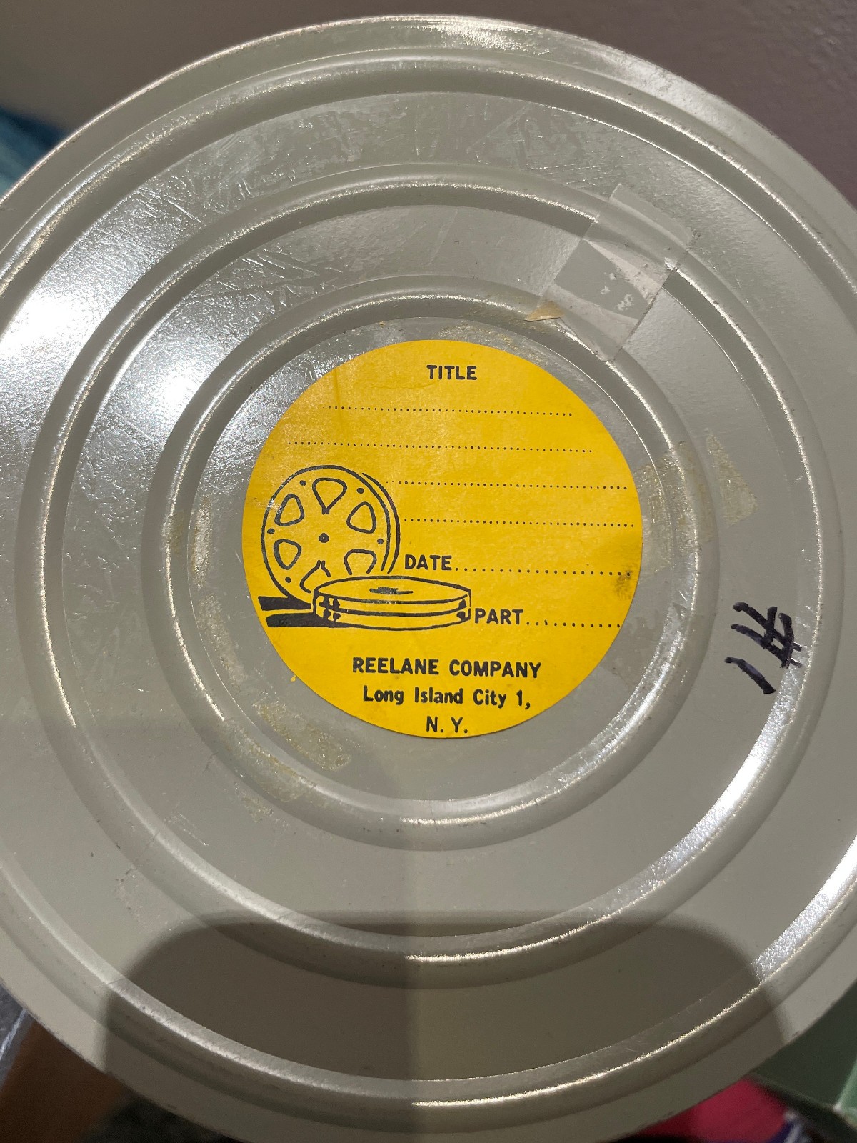 Lot Of 5 Vintage 7″ diameter 8mm Empty Film Reel Metal Cans + One Vintage Label