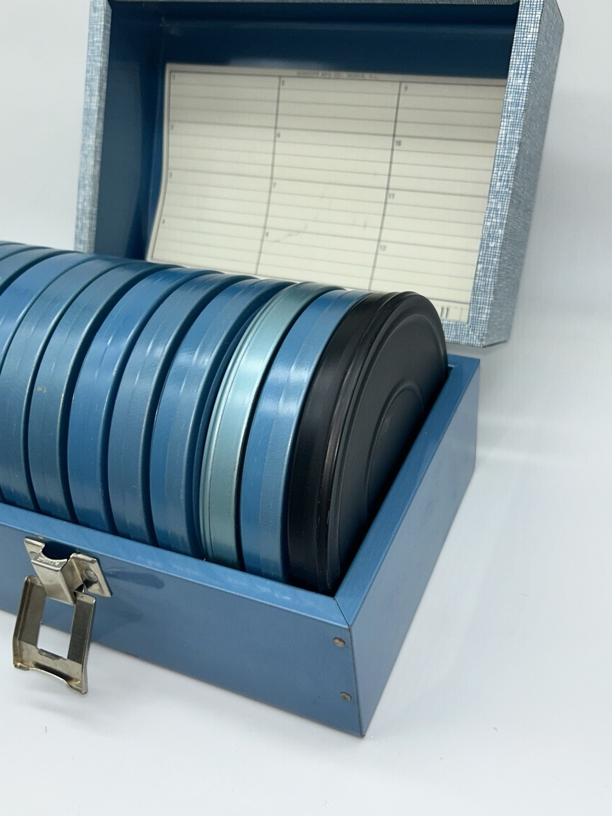 Vintage Complete BRUCE Metal Super 8mm Film Storage Case Box & 12 Canisters 1D