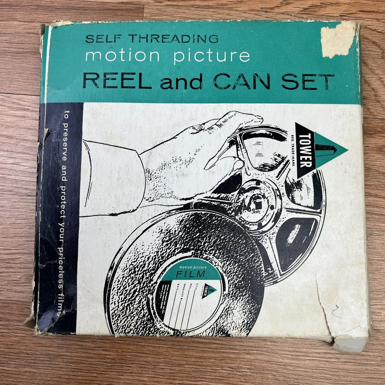 Vintage Tower Self Threading Motion Picture Reel & Can Set 8mm 400′ Kenco in Box