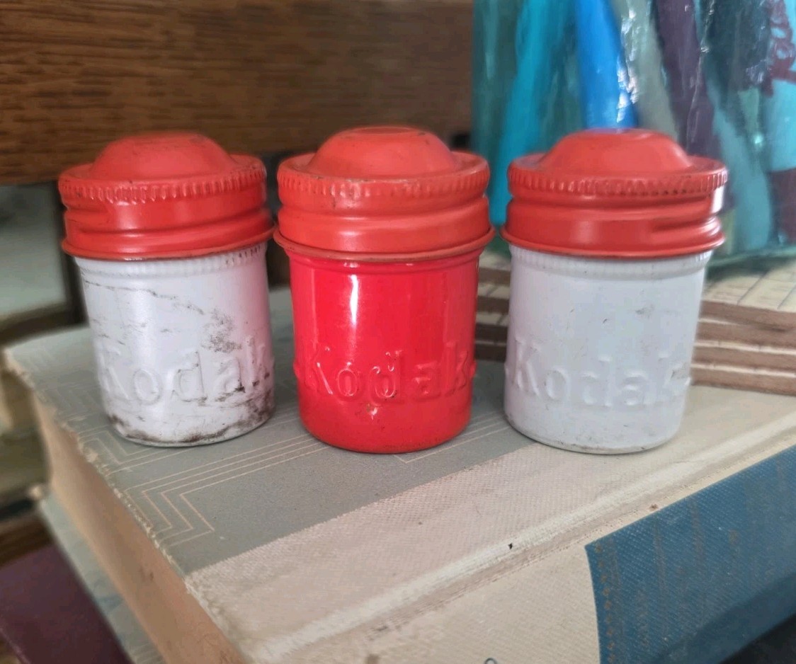 VTG 50s Lot of 3 Kodak 35mm Film Roll Embossed Container Metal Tin Can Canisters