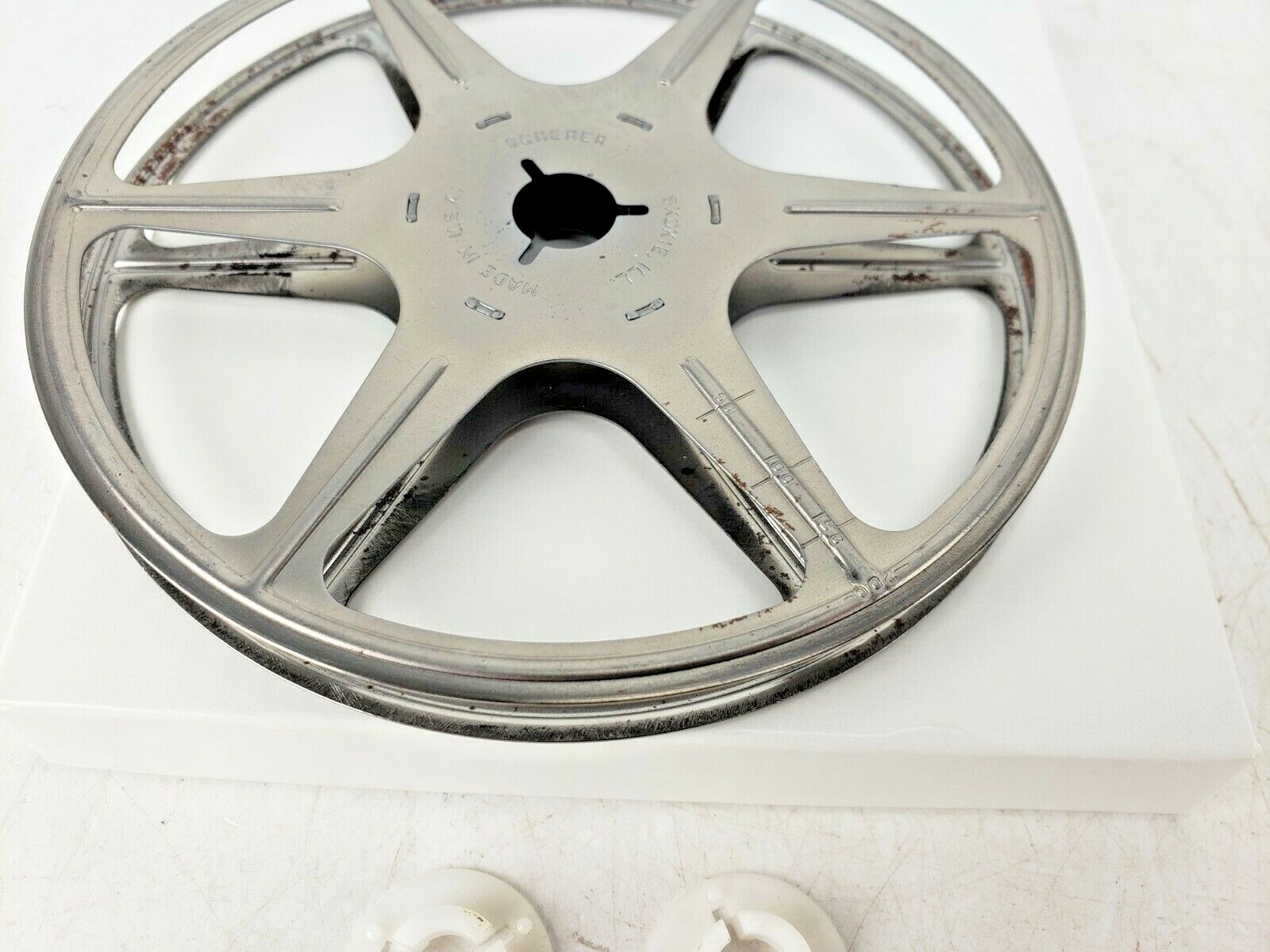 Lot of 2 Scherer 5″ Super 8 8mm Metal Reels Boxes Adaptors