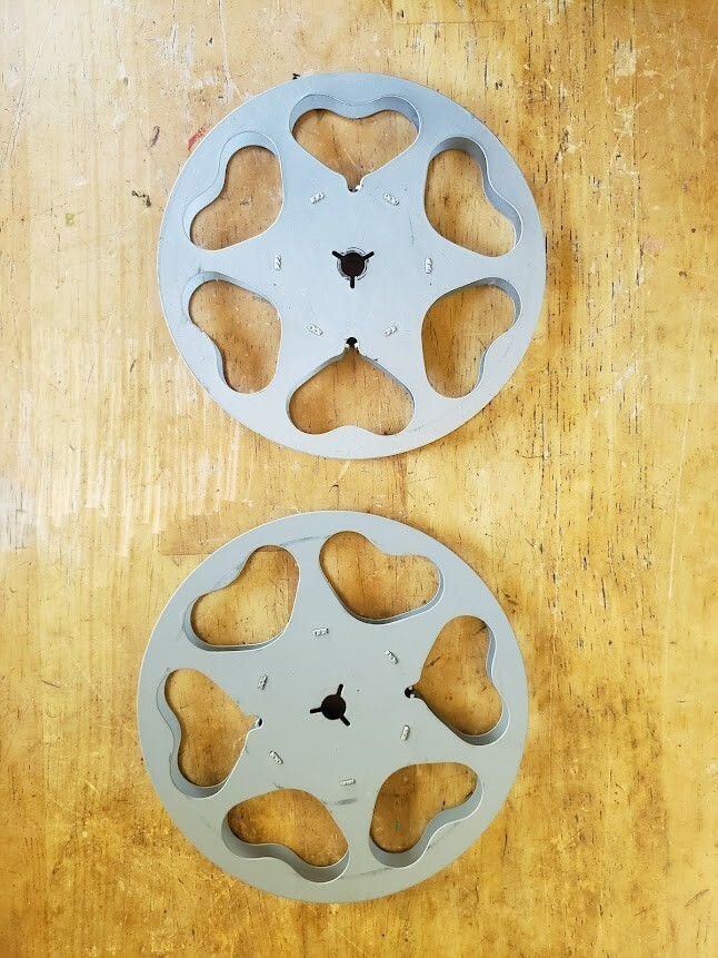 Vintage Empty metal 2 film reels and 3 cans