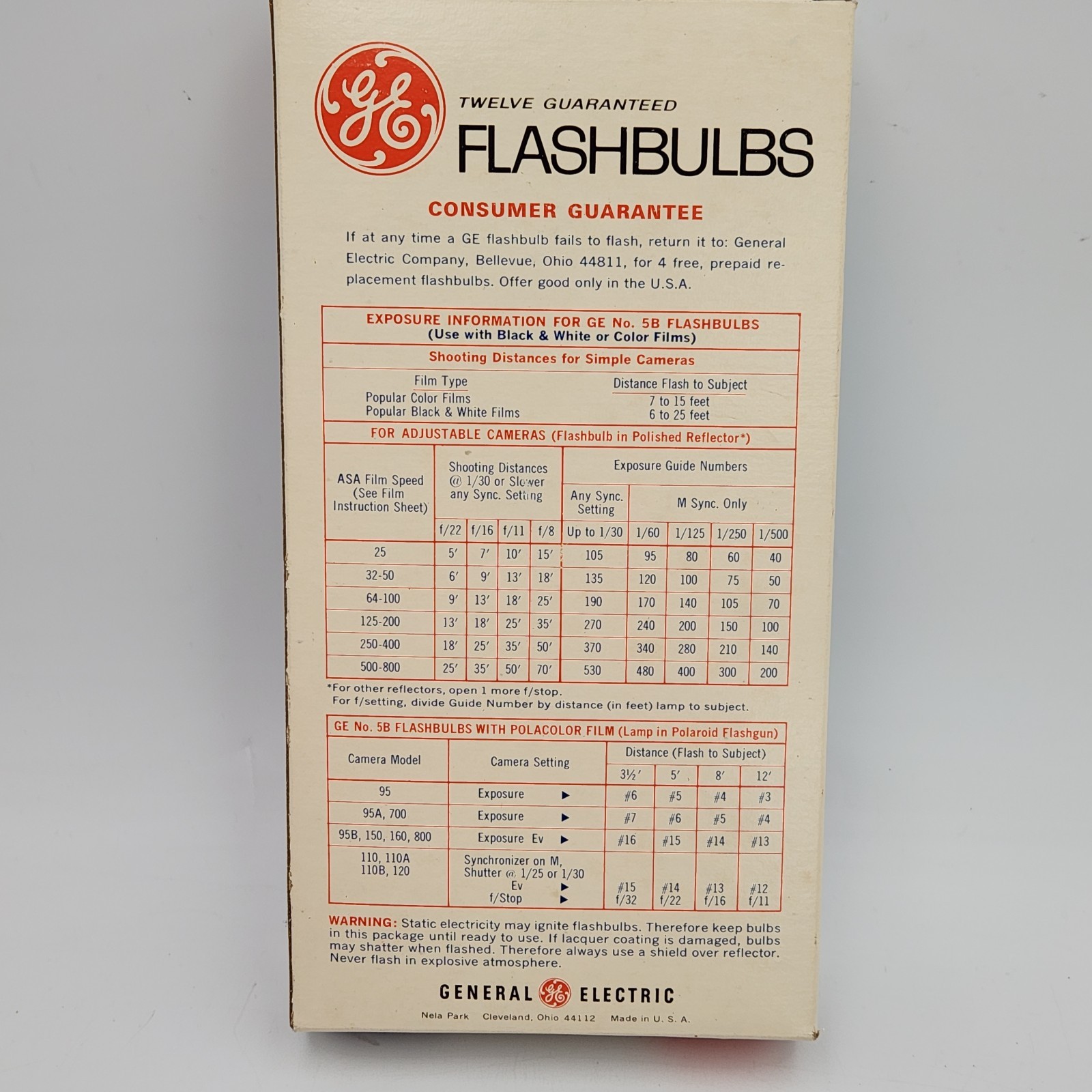 Vtg General Electric GE 5B Camera Flashbulbs 1 Box Of 10 Bulbs (F5B)