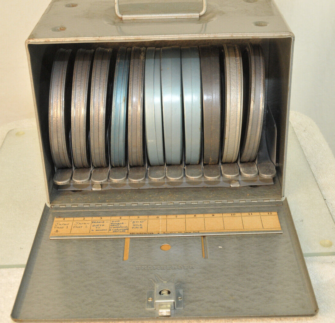 BRUMBERGER 12 Film Reel Canister Metal Storage Box Circa 1950s UNIQUE DISPENSER