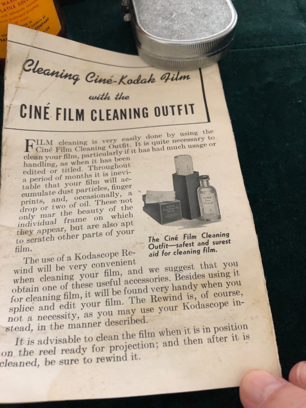 Vintage KODAK Cine Film Cleaner, Bottle,Box Holder, Instructions