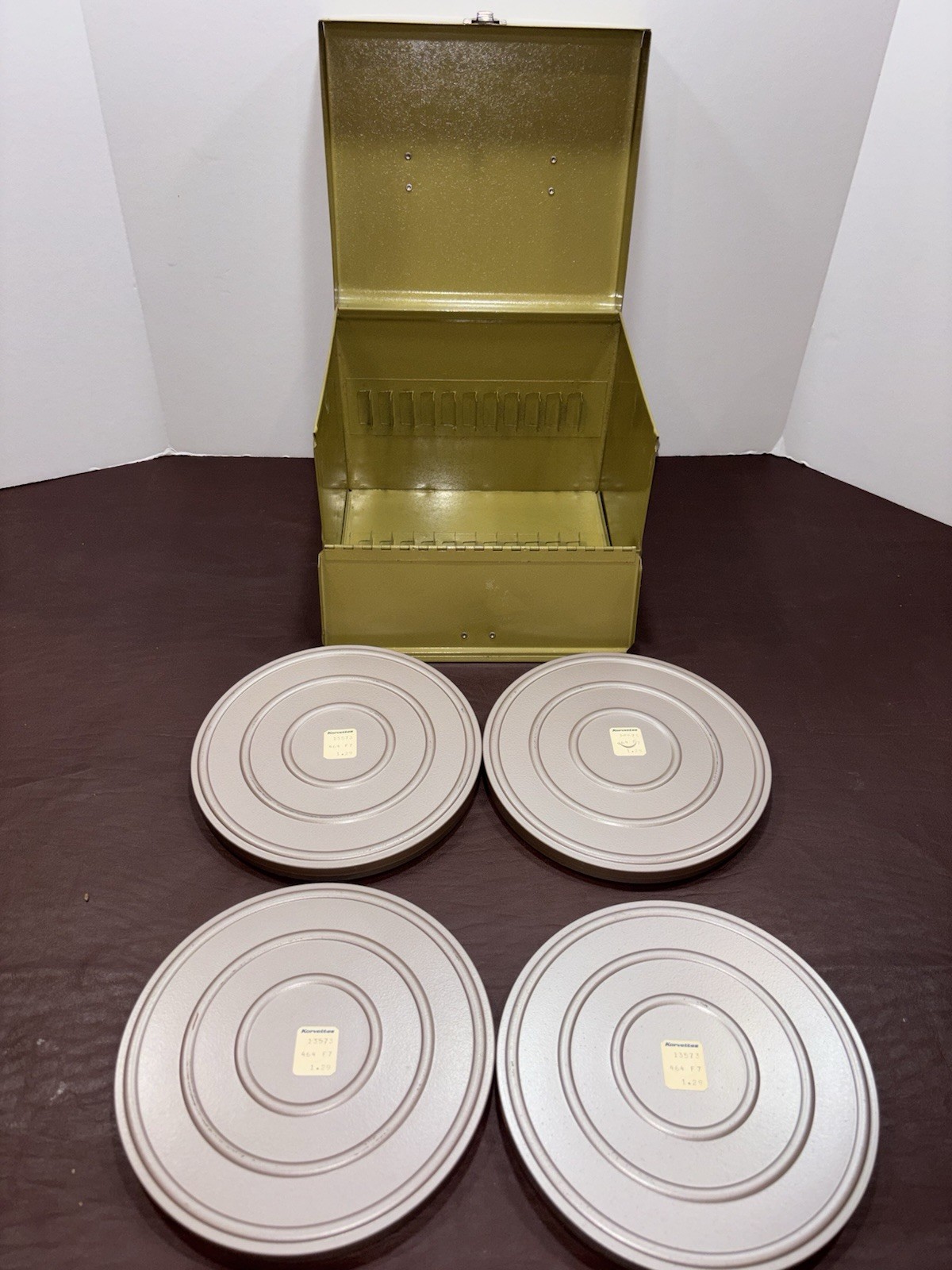 Vtg Bruce 12 Film Reel Metal Storage Case & 4 Scherer Empty 8mm 400ft Canister
