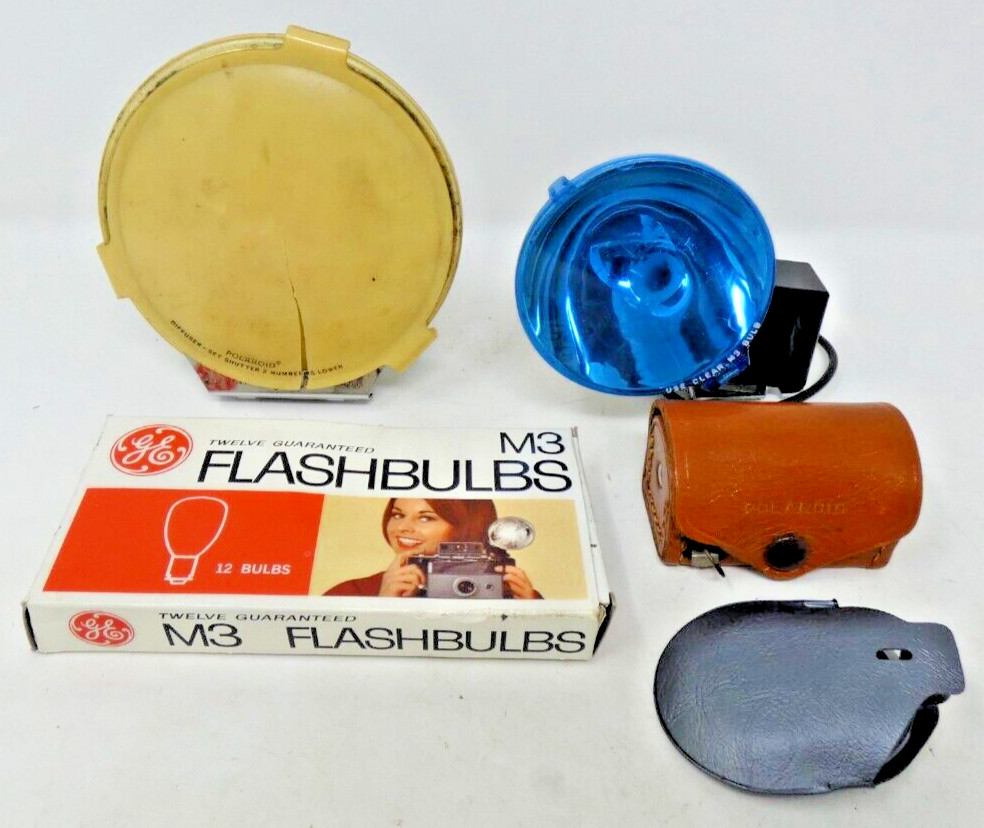 Vintage Polaroid Flashes 258 and 281, 4 Lenses and 6 M3 Flash Bulbs