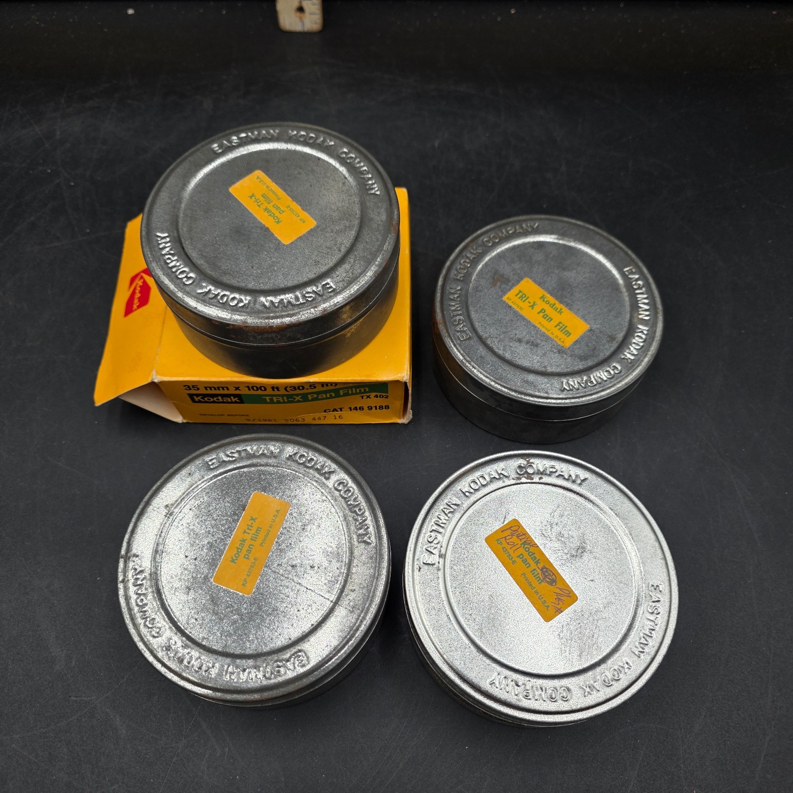 Vintage Lot of 4 Empty Eastman Kodak Company Metal Film Canisters Tri-X Pan