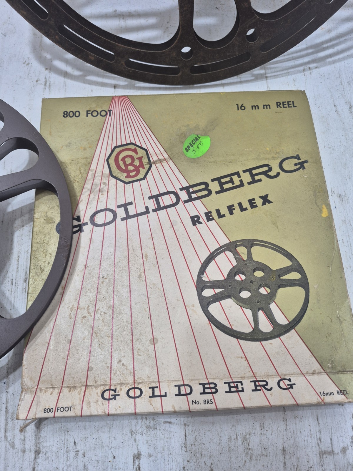 Lot of 2 Vintage EMPTY Movie Reels Metal Wheel 1 w/Box/Goldberg Relflex + Other