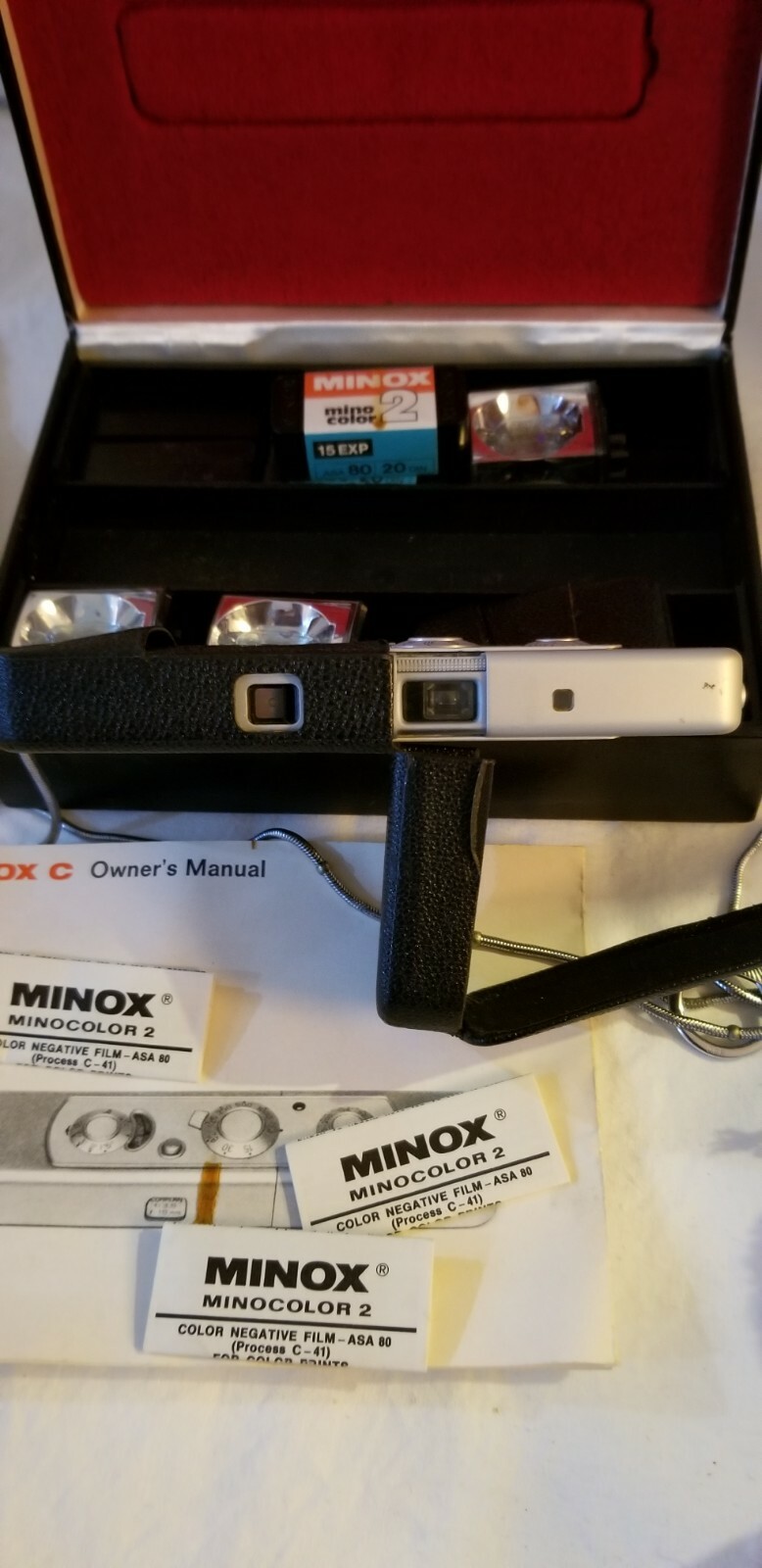 Minox C Boxed subminiature SPY Camera Set w/ C 4 Flash Unit Leather cases