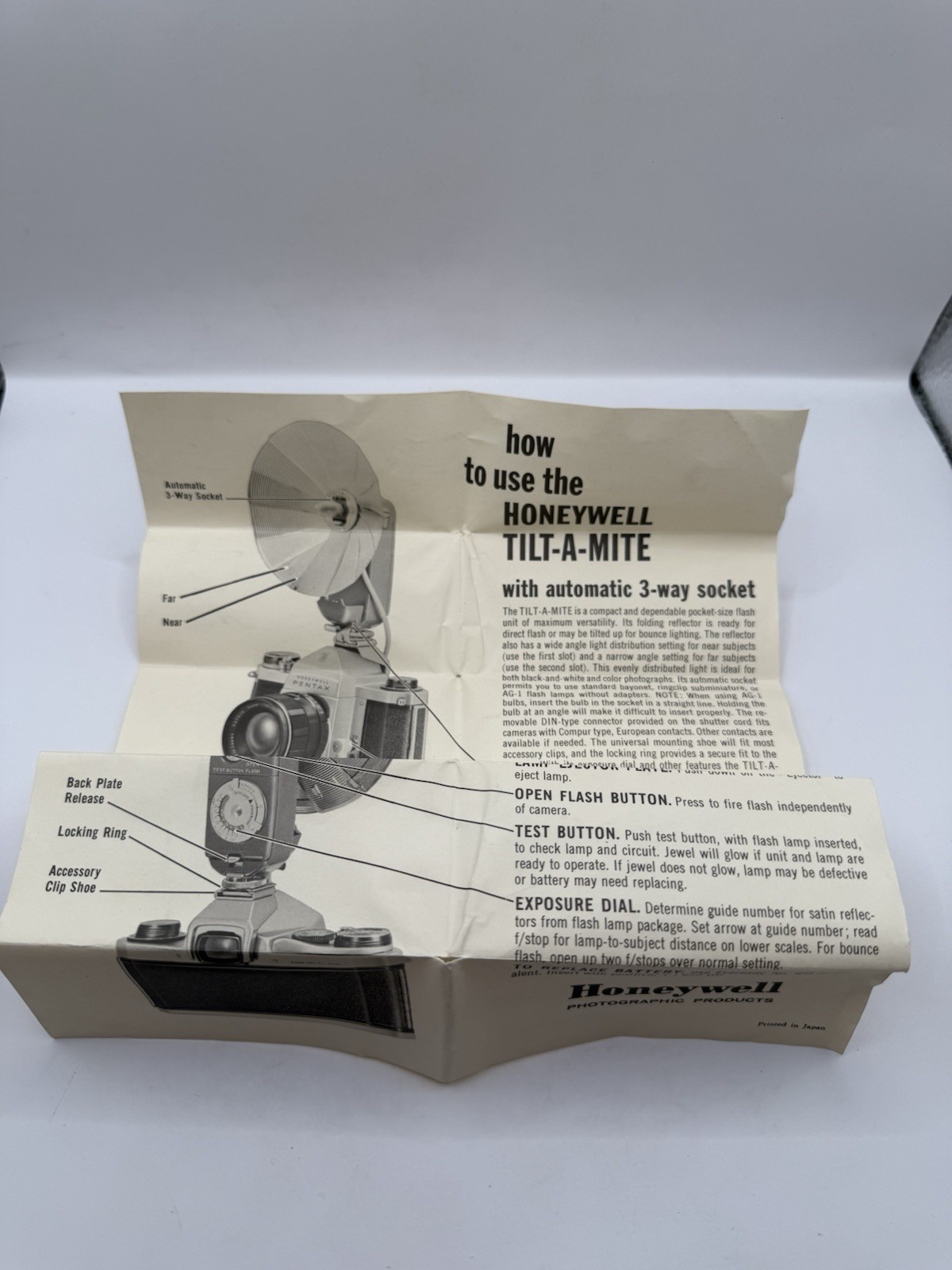 Honeywell Tilt-A-Mite Camera Flash Unit Collapsible Fan Style With Box Vintage