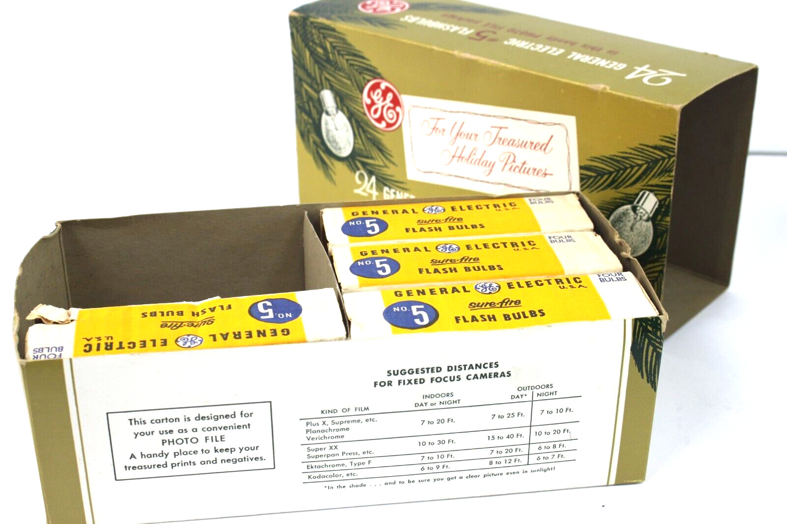 NOS GE #5 Flash Bulbs in Vintage Holiday Photo File Box, 15 bulbs total