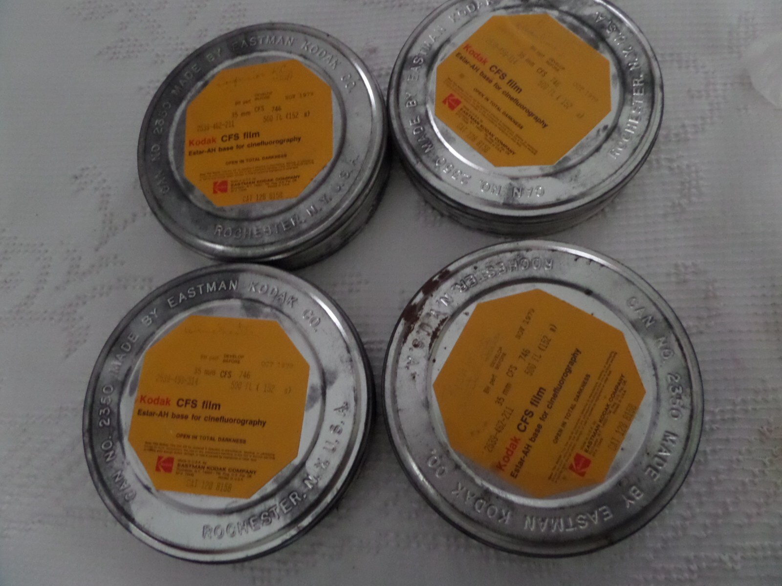 4 Vtg Kodak CFS film metal containers Cat 128 8158 empty cinefluorography 1979