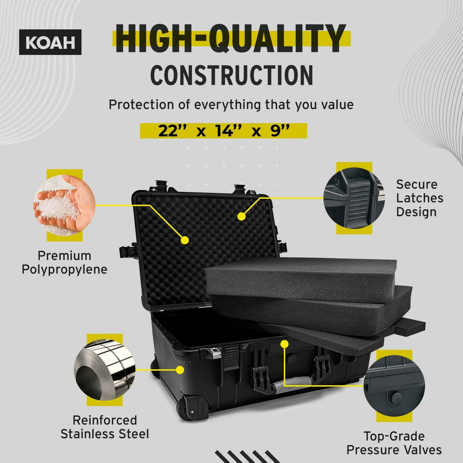 Koah Weatherproof Wheeled Hard Case with Customizable Foam 22 x 14 x 9 In