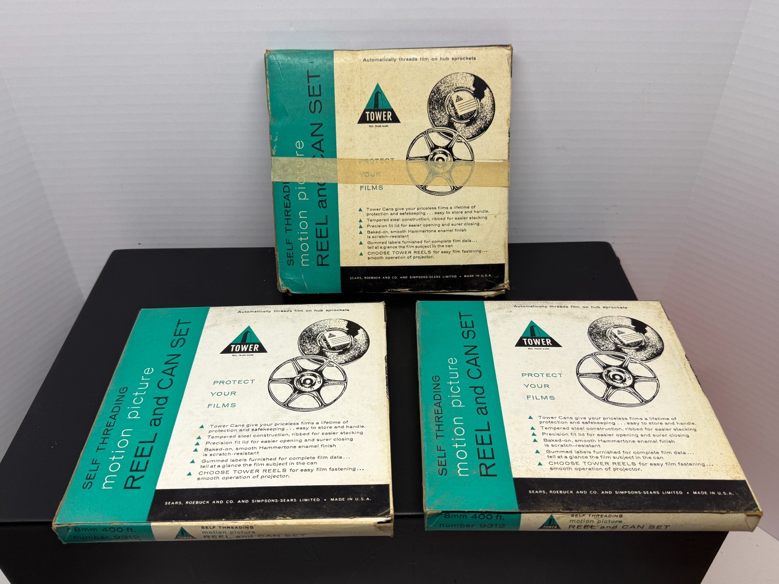 Vintage New NOS Set of 3 Tower 400ft 8mm Metal Film Reel & Can Set Sears Chicago