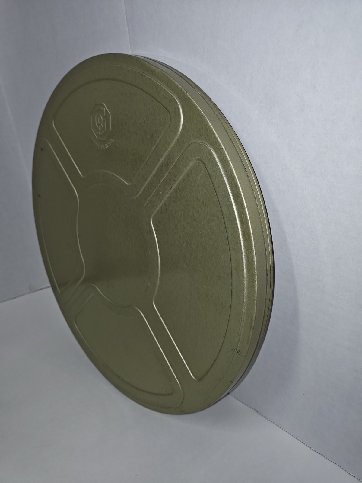 Vintage Goldberg Bros. Metal Film Reel Movie Storage Large Gold Green Canister
