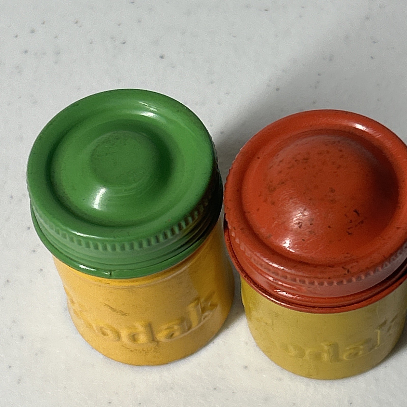 Pair Kodak Film Canisters Green Orange Vintage Screw On Lids