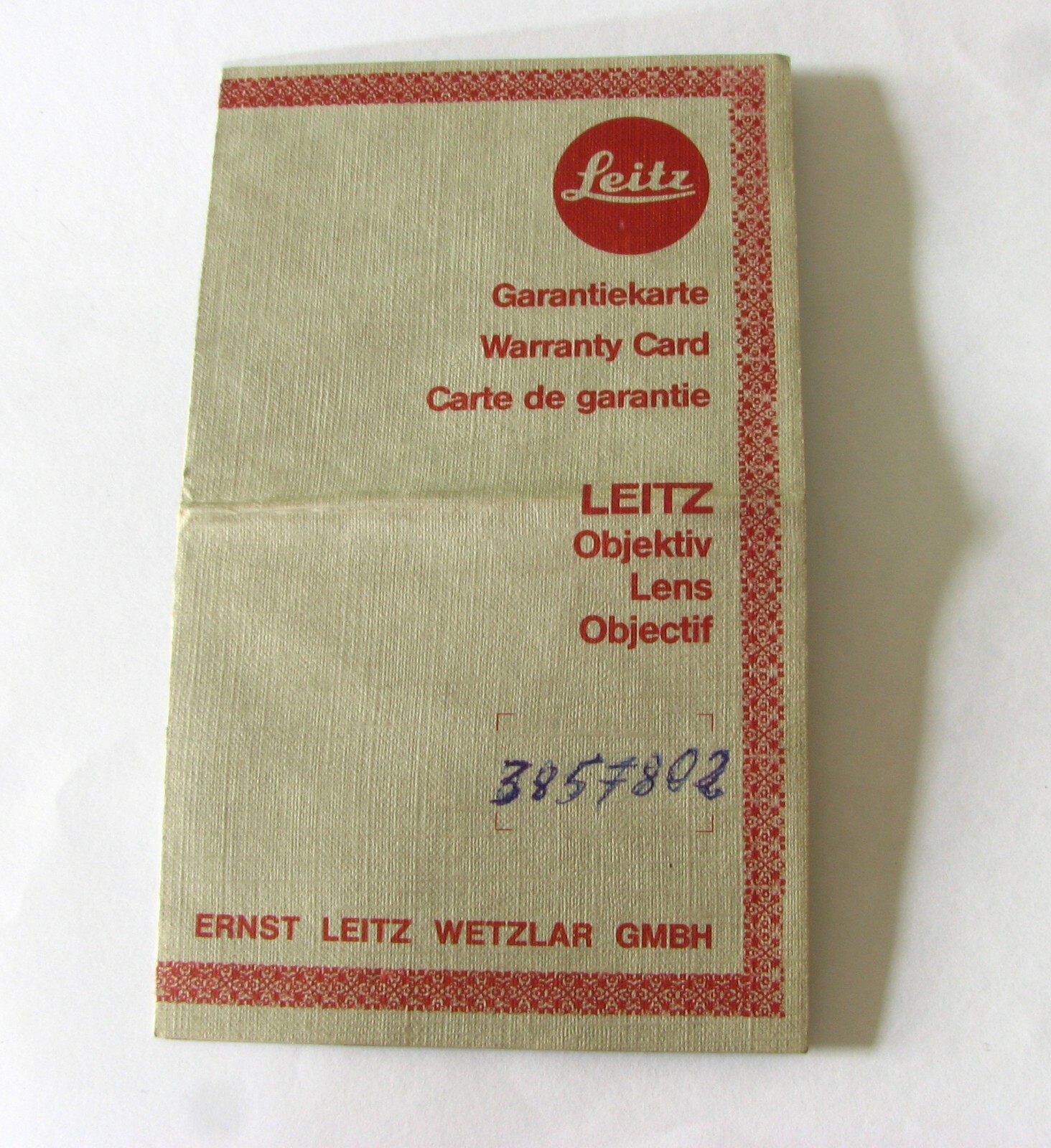 1981 International Leitz Leica Wetzlar Lens Warranty Card Only