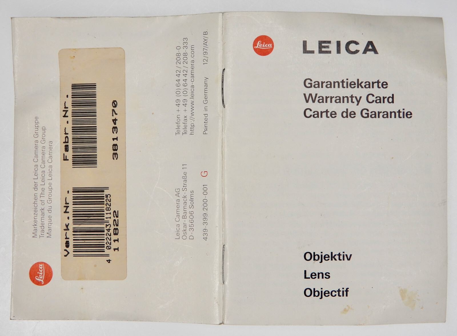 Leica Warranty Card of Leica 50mm f1.0 Noctilux 11822 #3813470