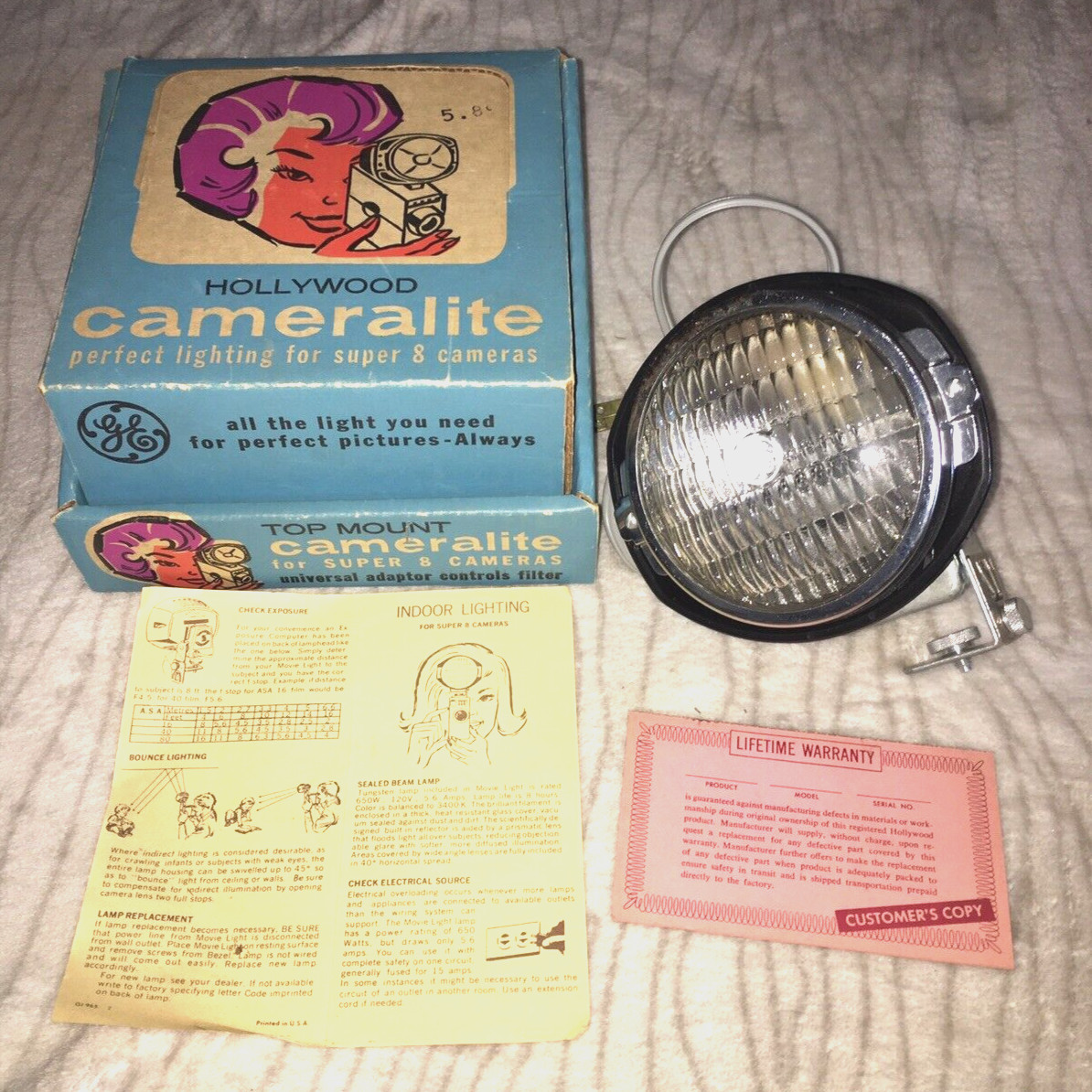 VTG GE Hollywood Cameralite Super 8 Camera Light W/ Box Model No 919 Working