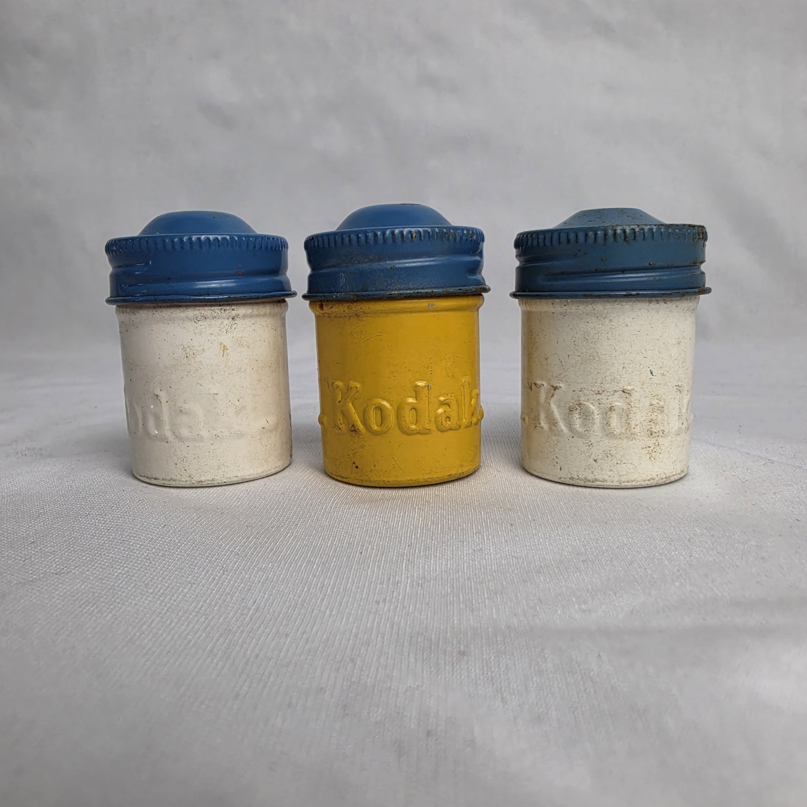 Kodak Lot 3 Vintage 35 mm Aluminum Film Canisters Empty Blue Yellow White