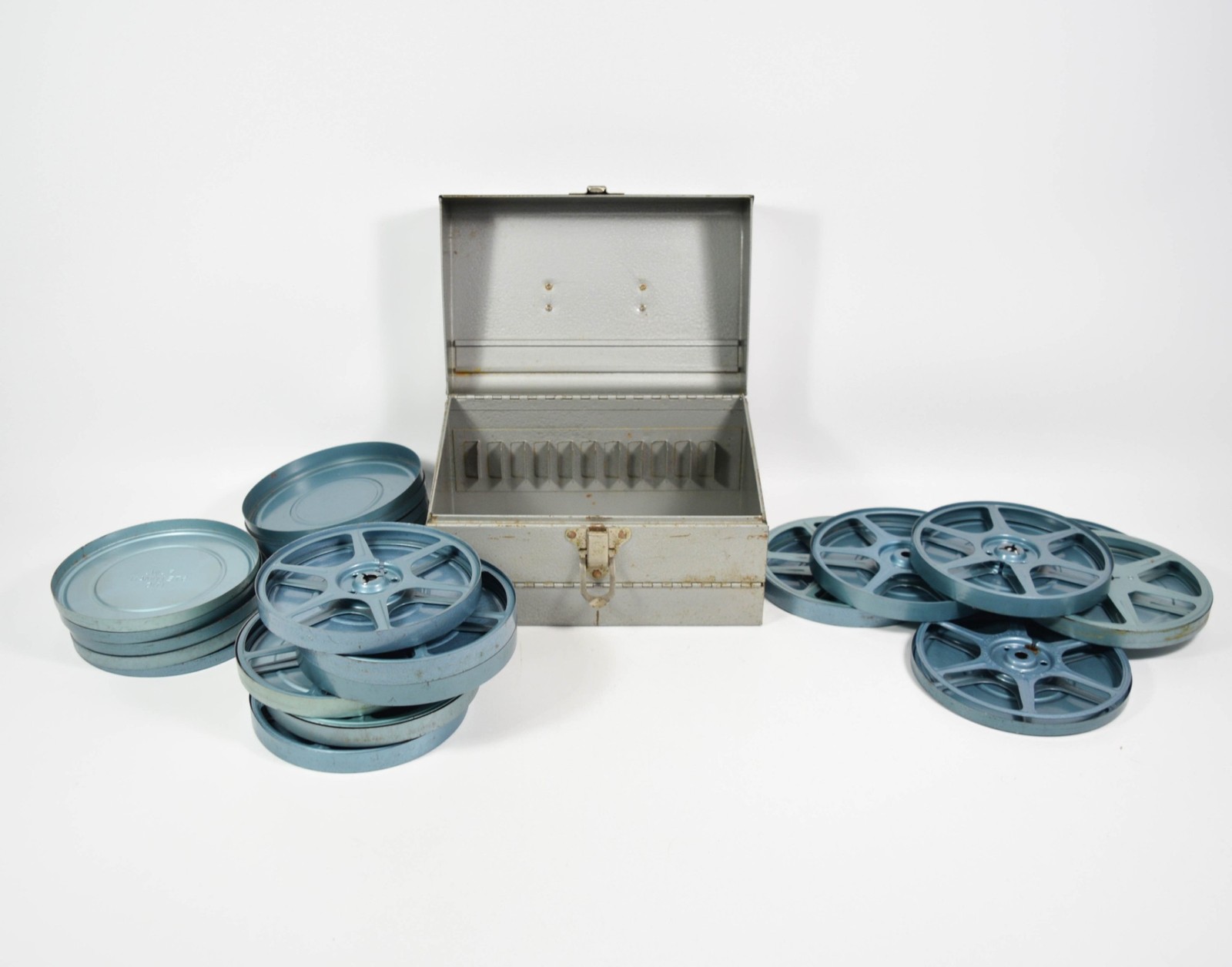 Vintage Metal Terryville Eagle Lock Storage Case w/ 12 Empty Film Reel Canisters