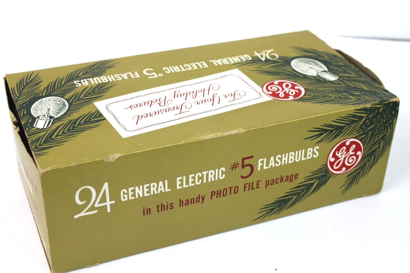NOS GE #5 Flash Bulbs in Vintage Holiday Photo File Box, 15 bulbs total