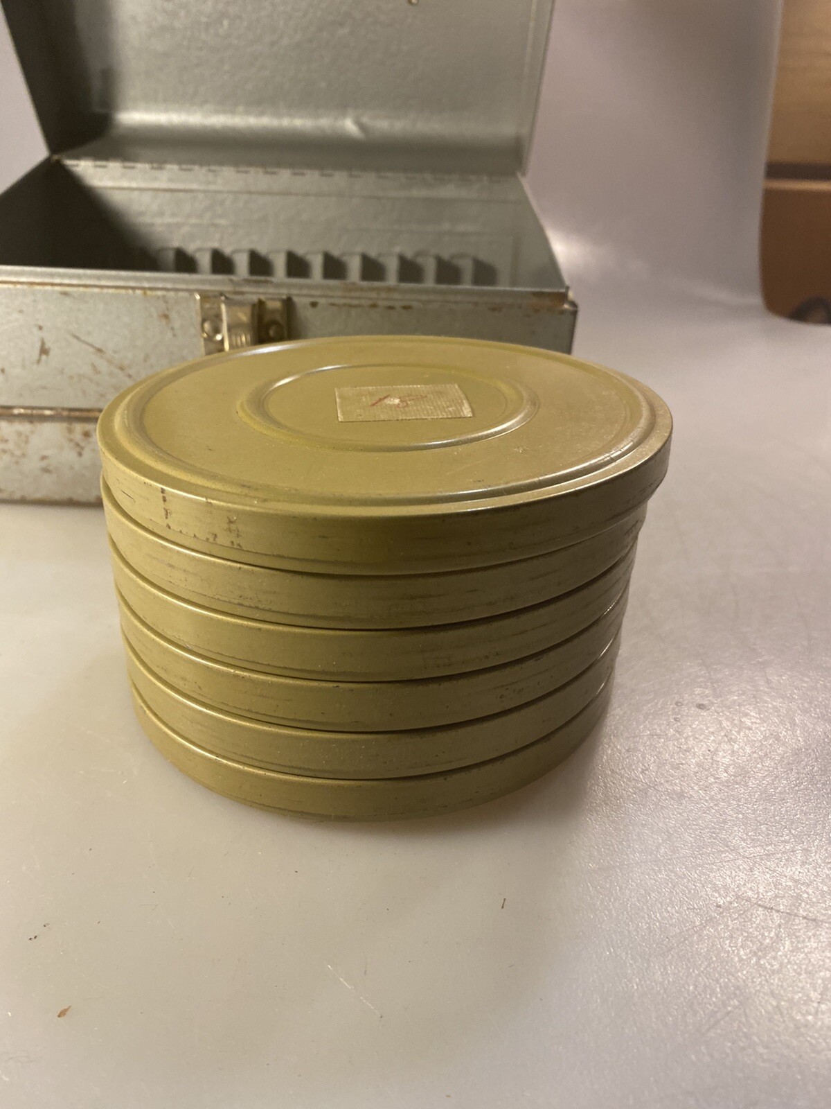Vintage Reel To Reel Metal Storage Box W/ 6 Empty Metal Reel Cases