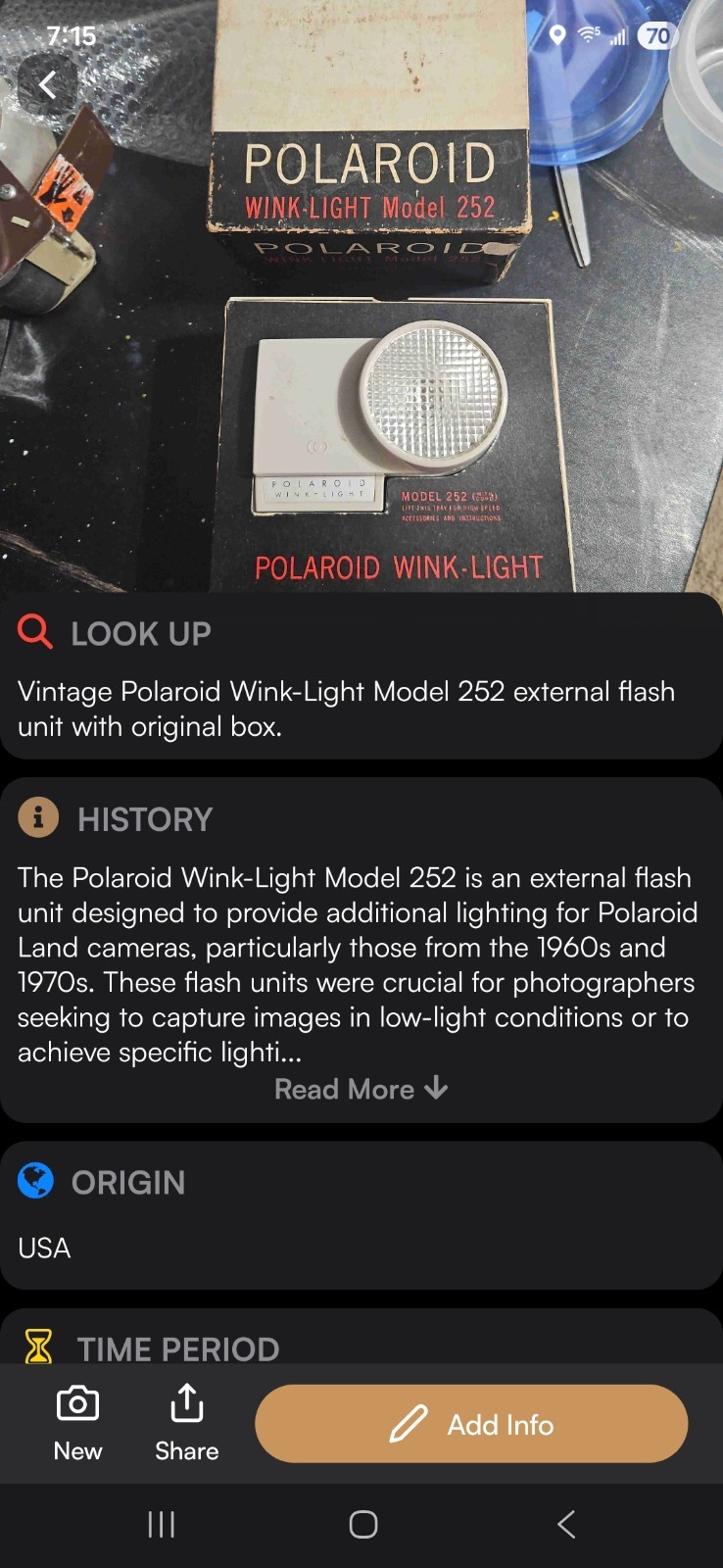 VINTAGE POLAROID WINK-LIGHT MODEL 252 EXTERNAL FLASH UNIT W/ORIGINAL BOX