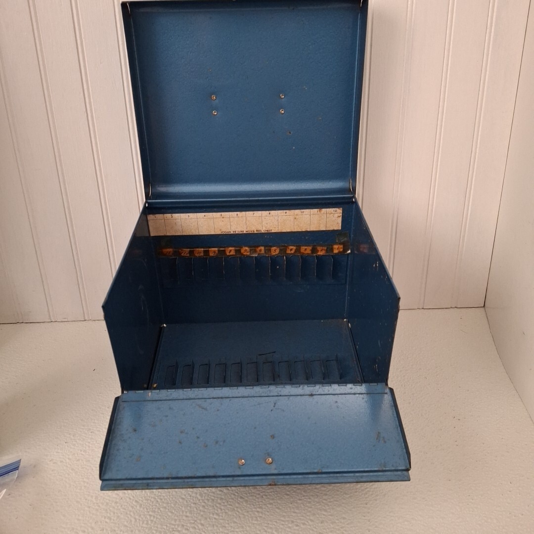 Vintage Metal Blue Logan De Luxe 8mm Movie Reel Chest Box Storage Case – 12 Slot