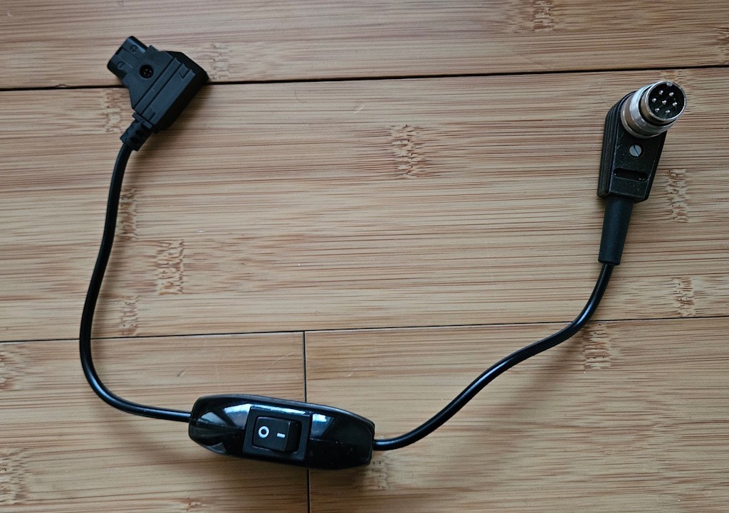 Bolex EBM 7-pin Right-Angle Power Cable w/Switch, Unregulated D-Tap, ~45cm (18″)