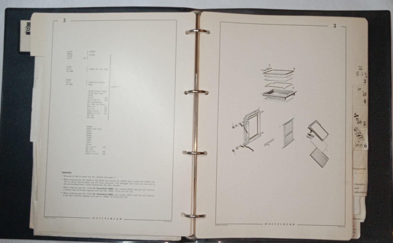Original Hasselblad 500EL Body Spare Parts Catalog & Repair Manual #4124