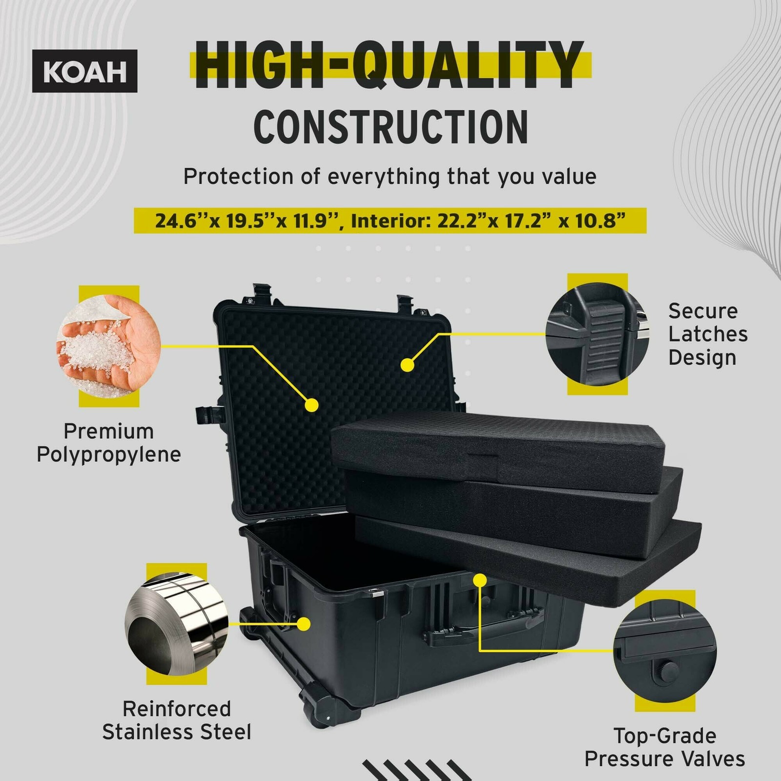 Koah Weatherproof Wheeled Hard Case Customizable Foam 25x20x12 Inch RUGGED