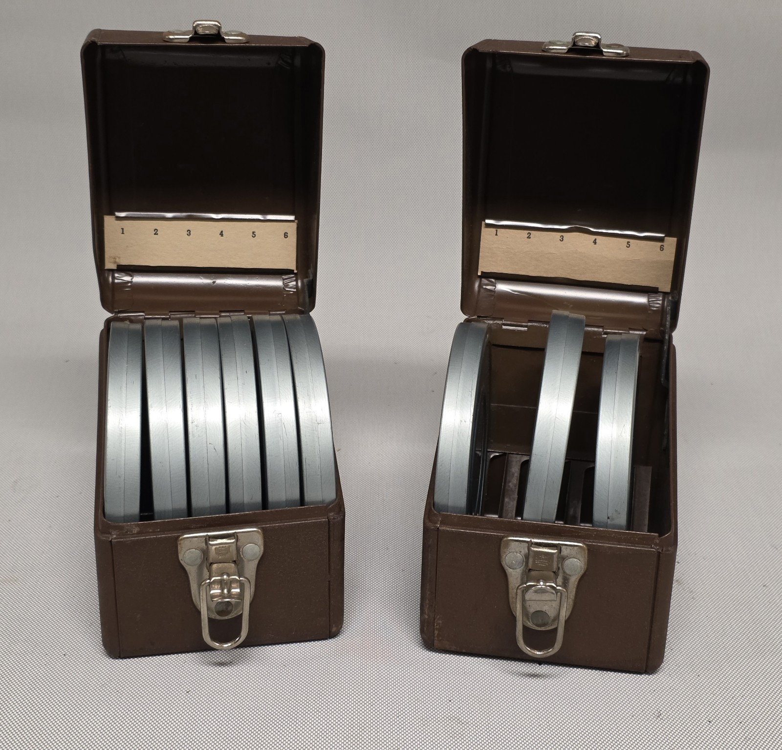 (2) VTG Simonsen Metal Products Reel Storage Film Cases 8mm Brown W/Contents (7)