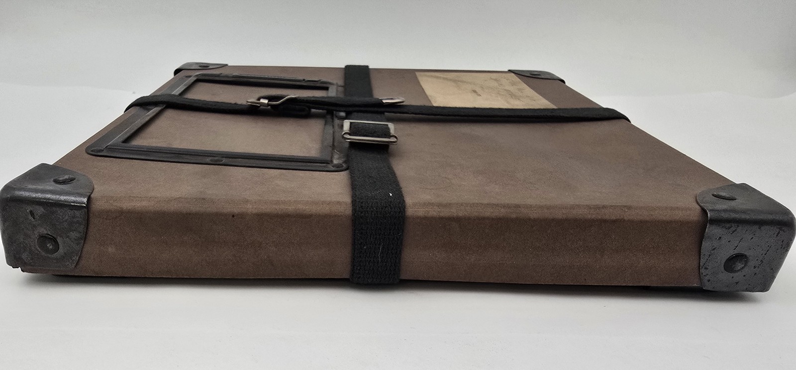 Vintage 11″ Square Fiberbilt Shipping Case Metal Corners Fabric Straps 1960s Lab