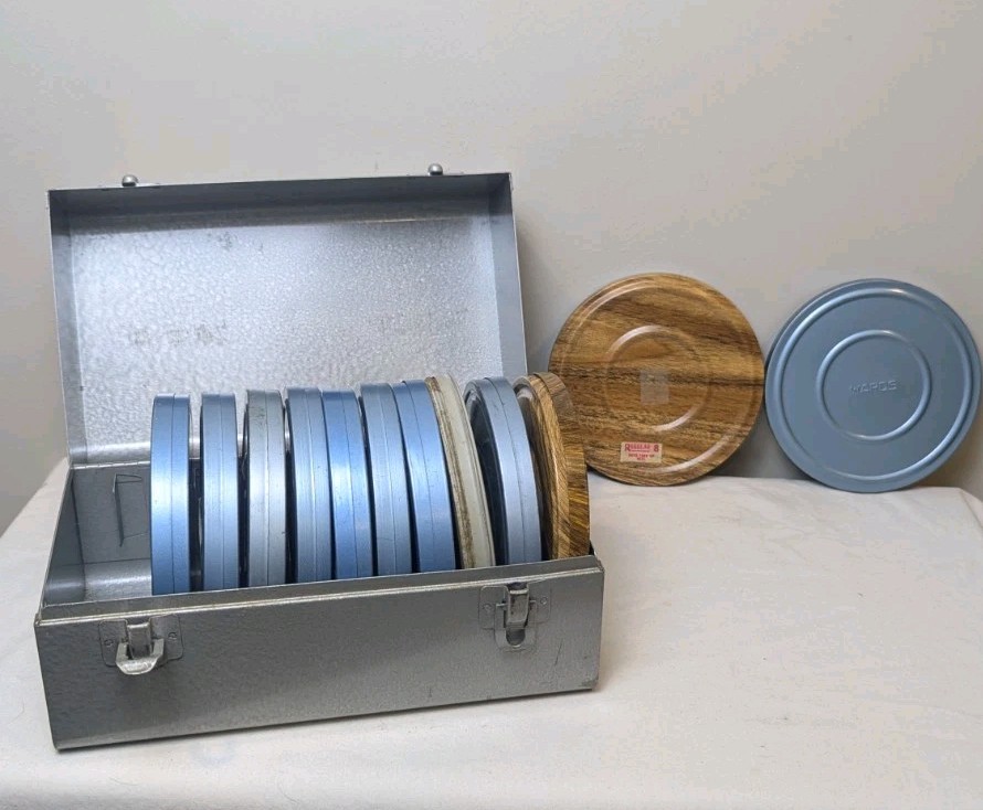 8mm Vintage 5″ Brumberger Reel to Reel Metal Storage Case with 10 Reel Cans