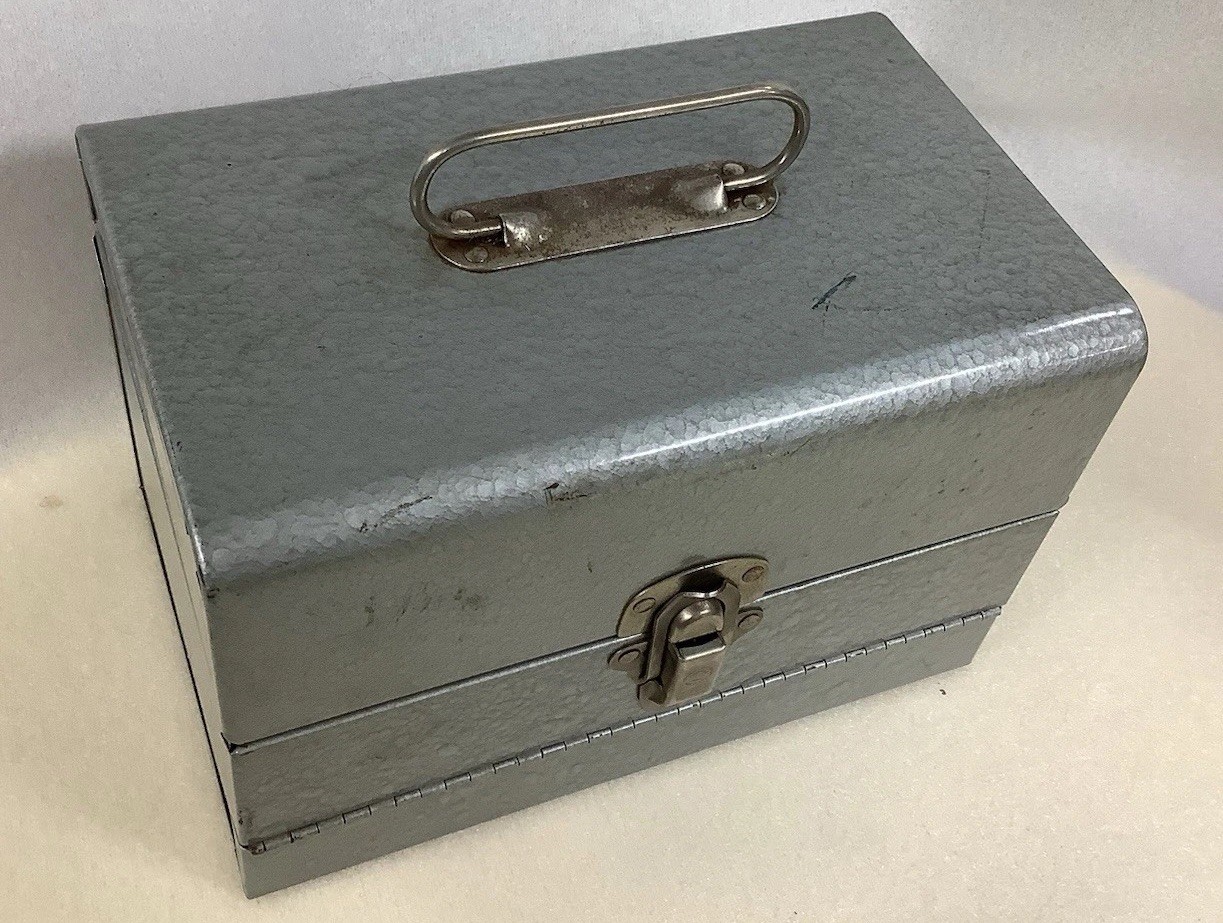 Vintage Industrial Mid Century Steel Logan Deluxe 8MM Film Chest Carrying Case