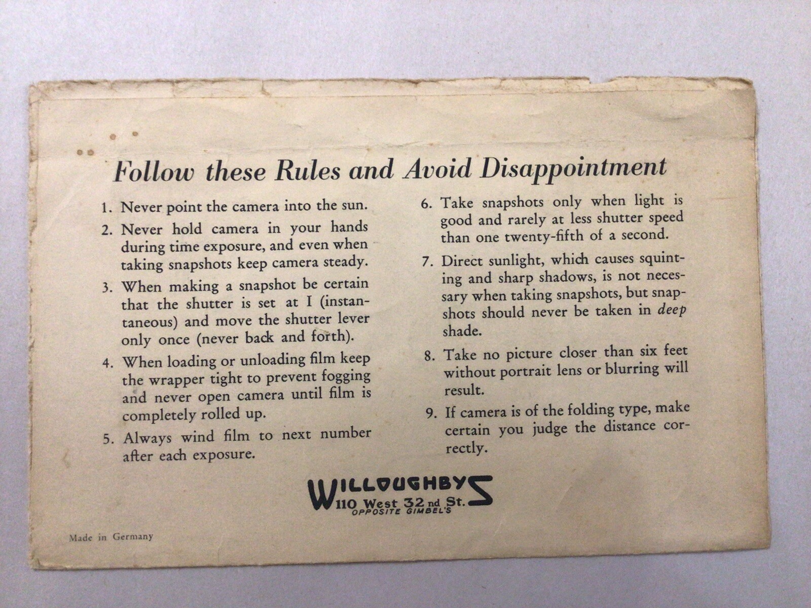 Vintage 1920’s Photo Envelope WILLOUGHBYS NEW YORK Film Processing Developing