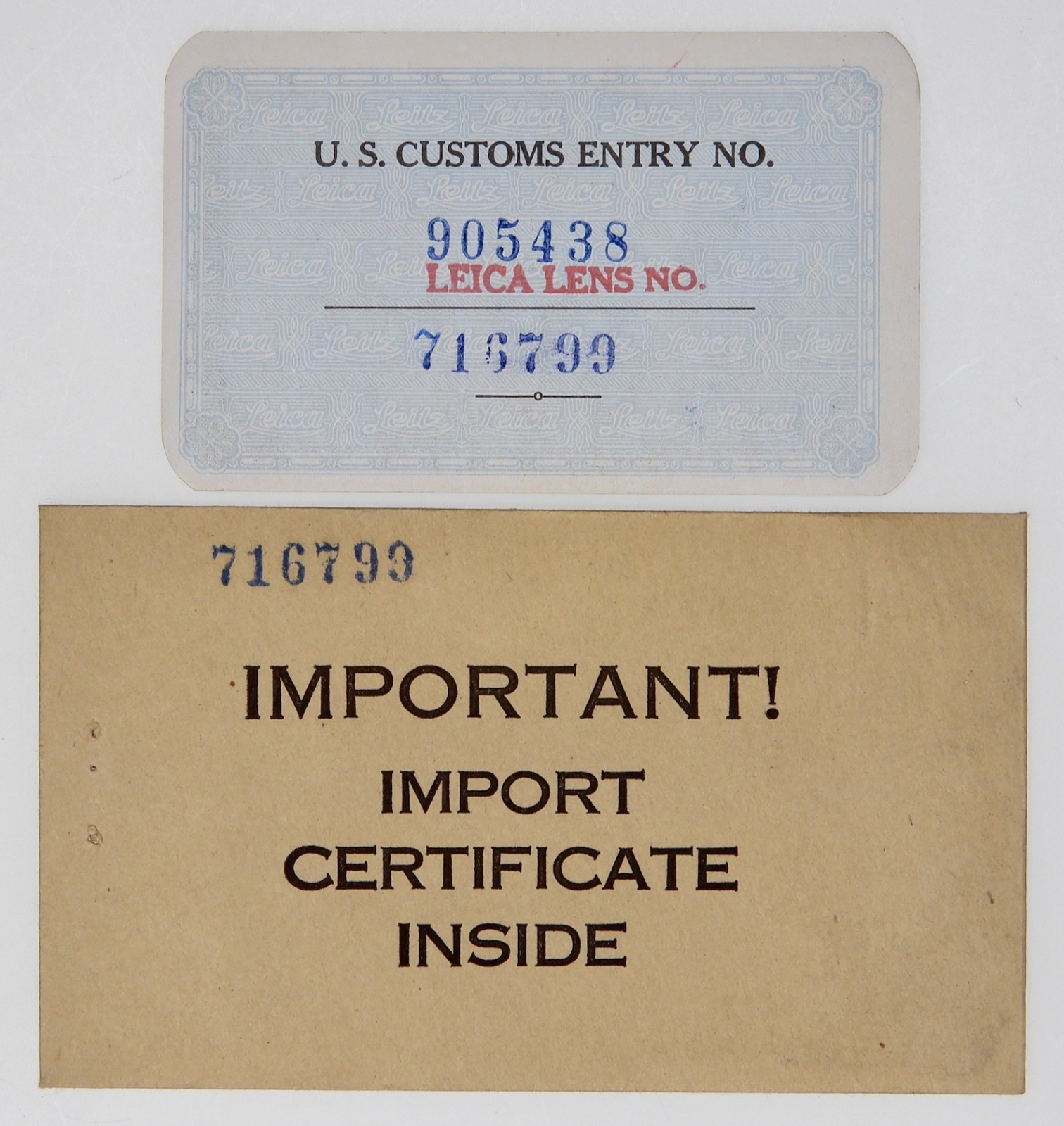Import Certificate of Leica 50mm f2 Summitar #716799