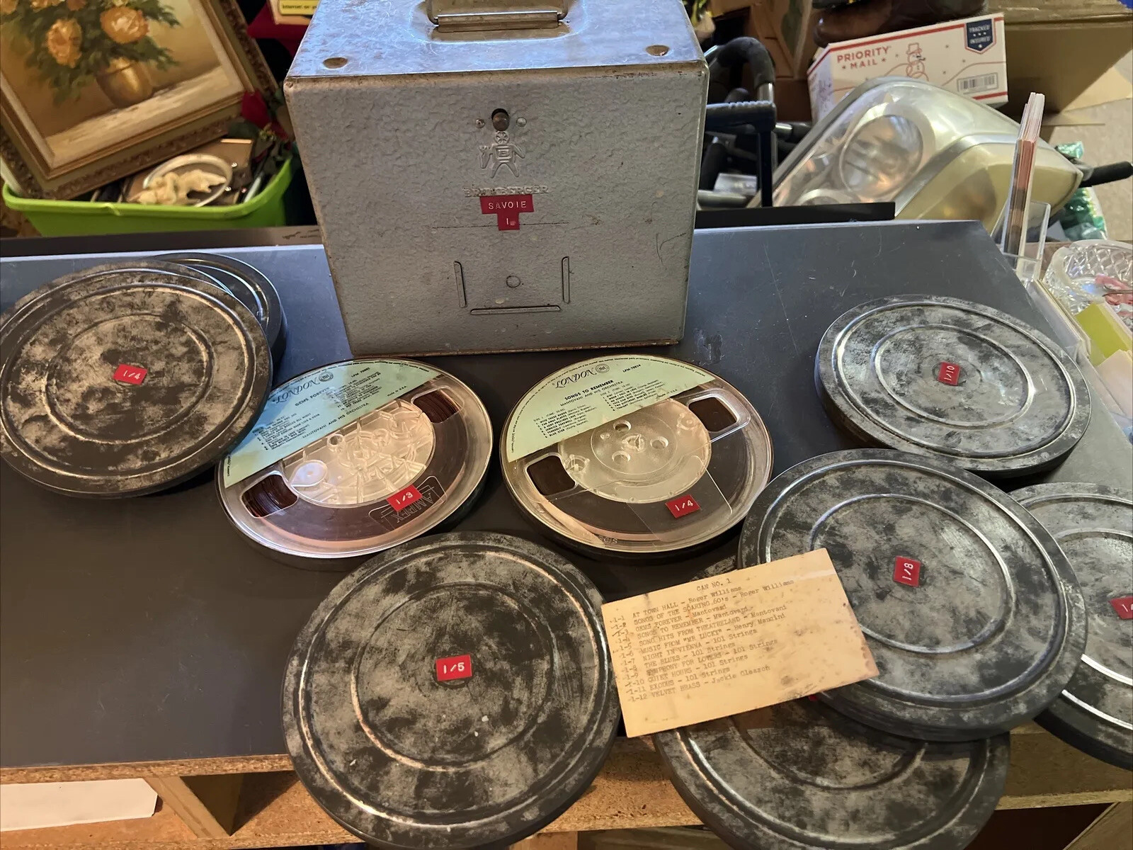 BRUMBERGER gray metal 12 SLOT FILM REEL STORAGE carrying case With 9 Reels