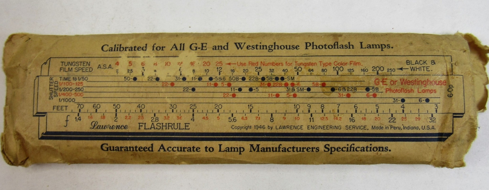 1946 Lawrence Flashrule Photography Flash Slide Rule Film Speed ASA Peru IN USA
