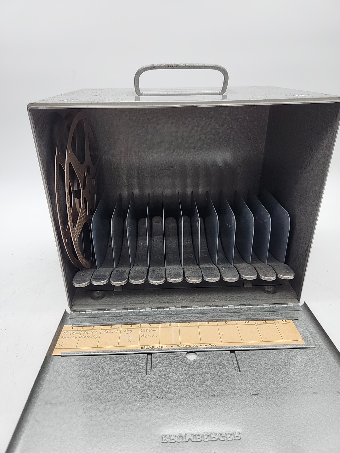 Vtg Brumberger 8 mm metal reel holder case storage bin 1950 mid century