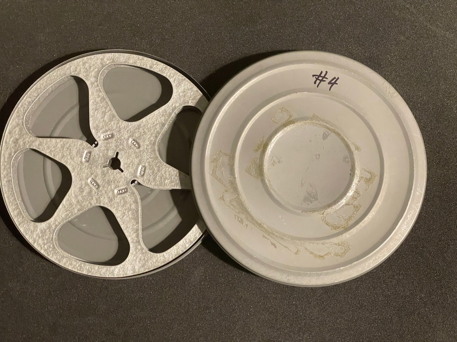 Lot Of 5 Vintage 7″ diameter 8mm Empty Film Reel Metal Cans + One Vintage Label