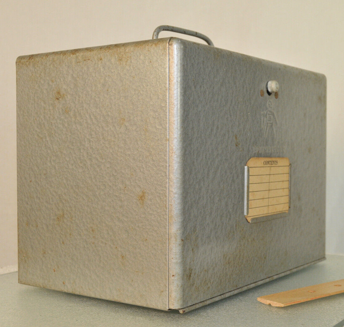 BRUMBERGER 12 Film Reel Canister Metal Storage Box Circa 1950s UNIQUE DISPENSER