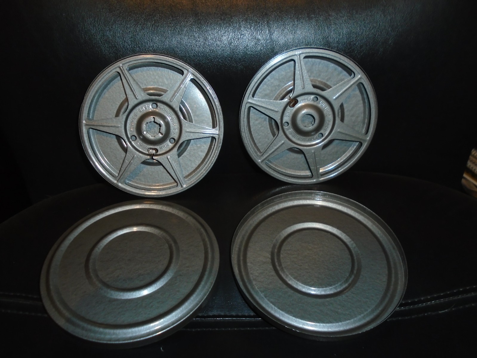 2 VINTAGE COMPCO CORP 8MM FILM REELS 200 FT WITH CANS GREY