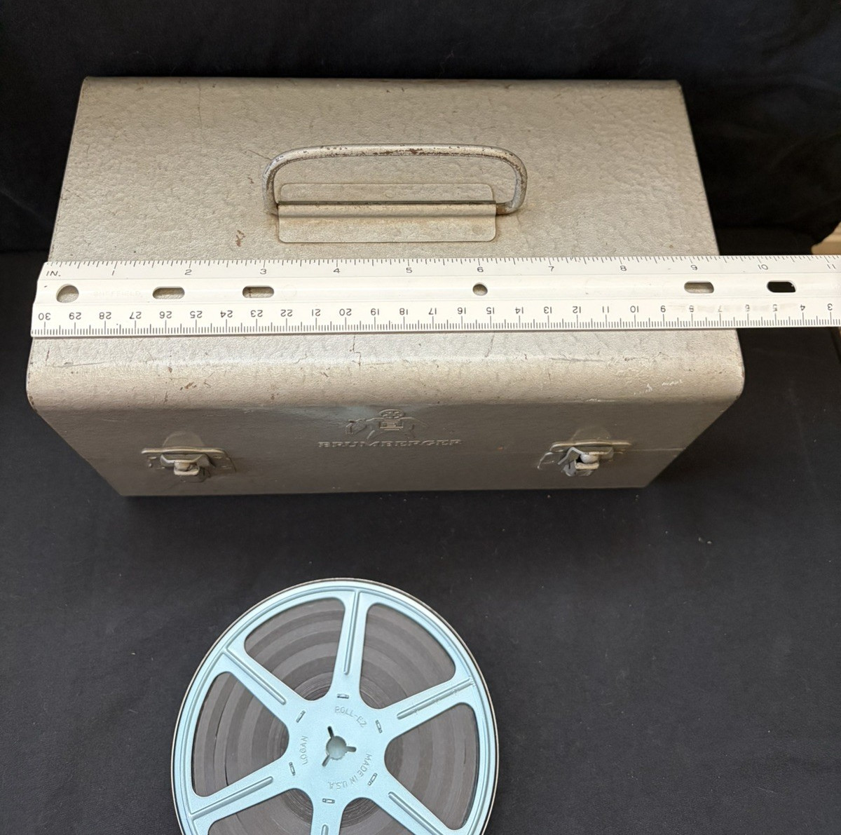 Vtg. 8mm Film Brumberger Metal Carrying Case Holds 5 in Reels + 1 home movie