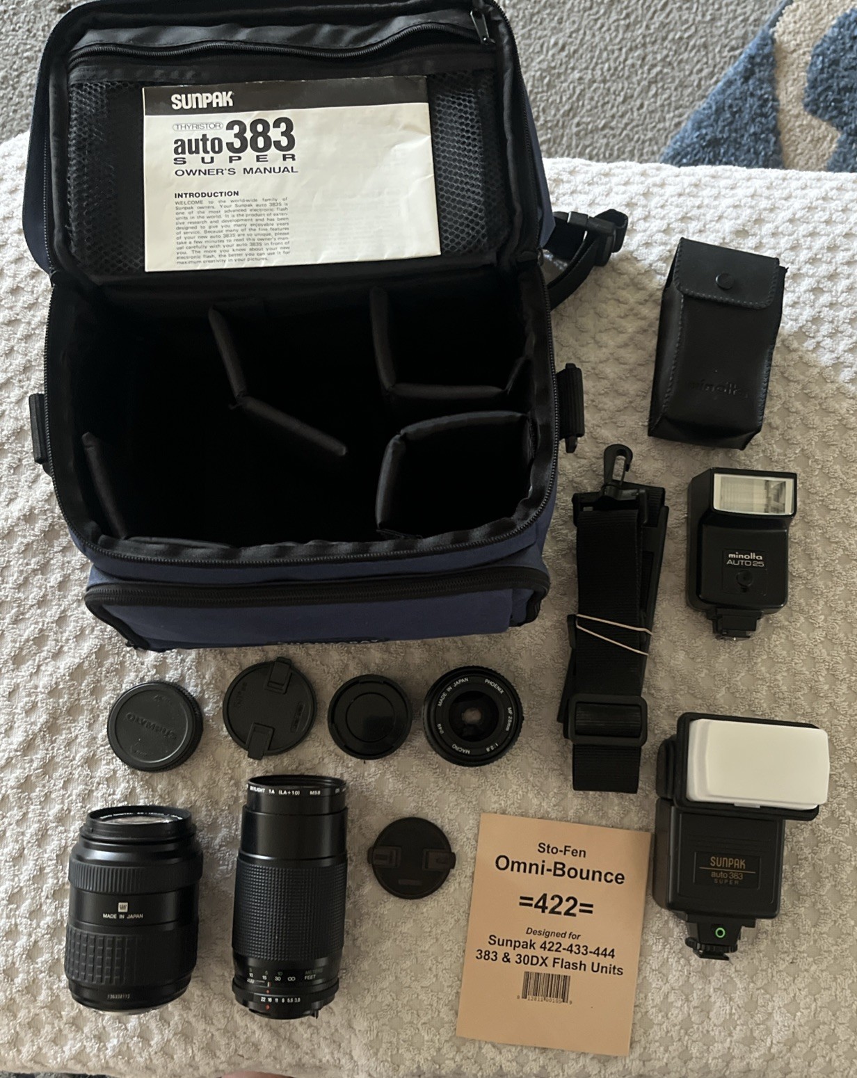 Lot Of 5 Camera Lenses & Flashes • Olympus, Monolta, Sun Pack, Telesor , Phoenix