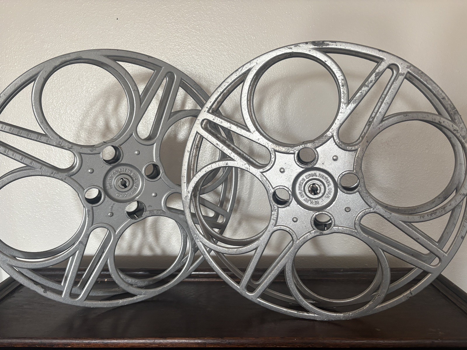 (2) Vintage Goldberg Bros 35mm Cast Alum Film Movie Theater Reel 15″