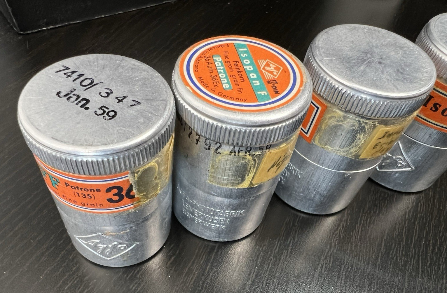 Vintage 5 aluminium 35mm film canisters ADOX and Isopan w/ Developed Film